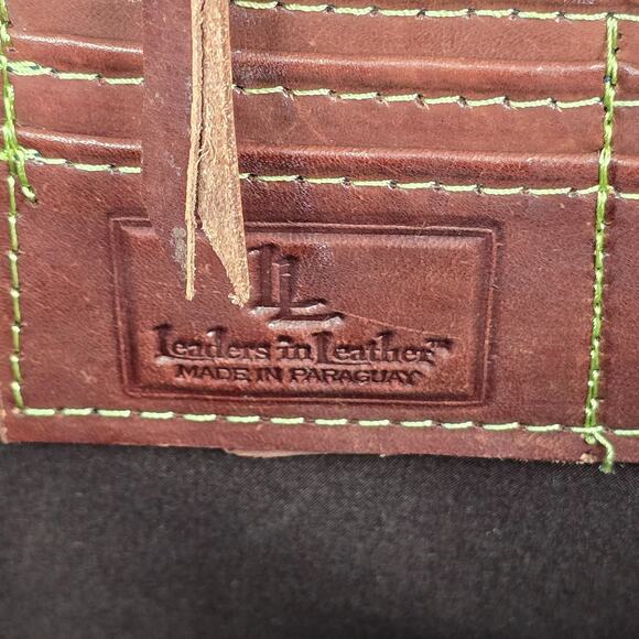 Leaders in Leather Tote Laptop Bag Hand Tooled Cutout Brown Green Paraguay - Picture 2 of 16